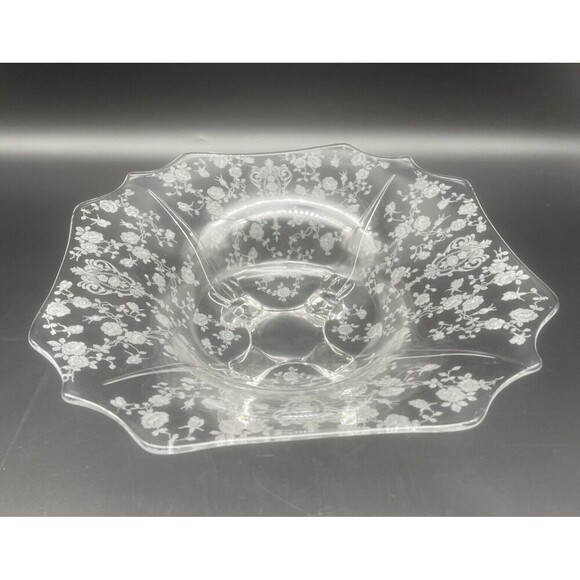 VTG Cambridge Rose Point Floral Clear Glass Footed Square Pedestal Bowl 11.5” - Picture 3 of 7